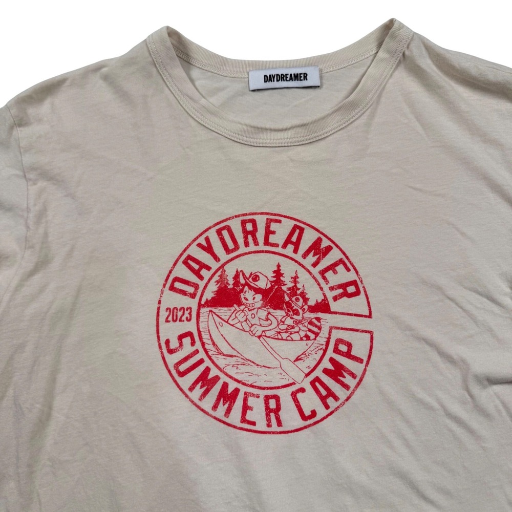 Daydreamer Summer Camp Graphic T-Shirt Women Small Beige Cotton Short Sleeve